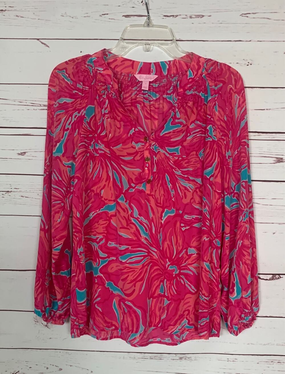 Lilly Pulitzer Women's Small Bright Pink Blue 100% Silk Preppy Casual Blouse Top